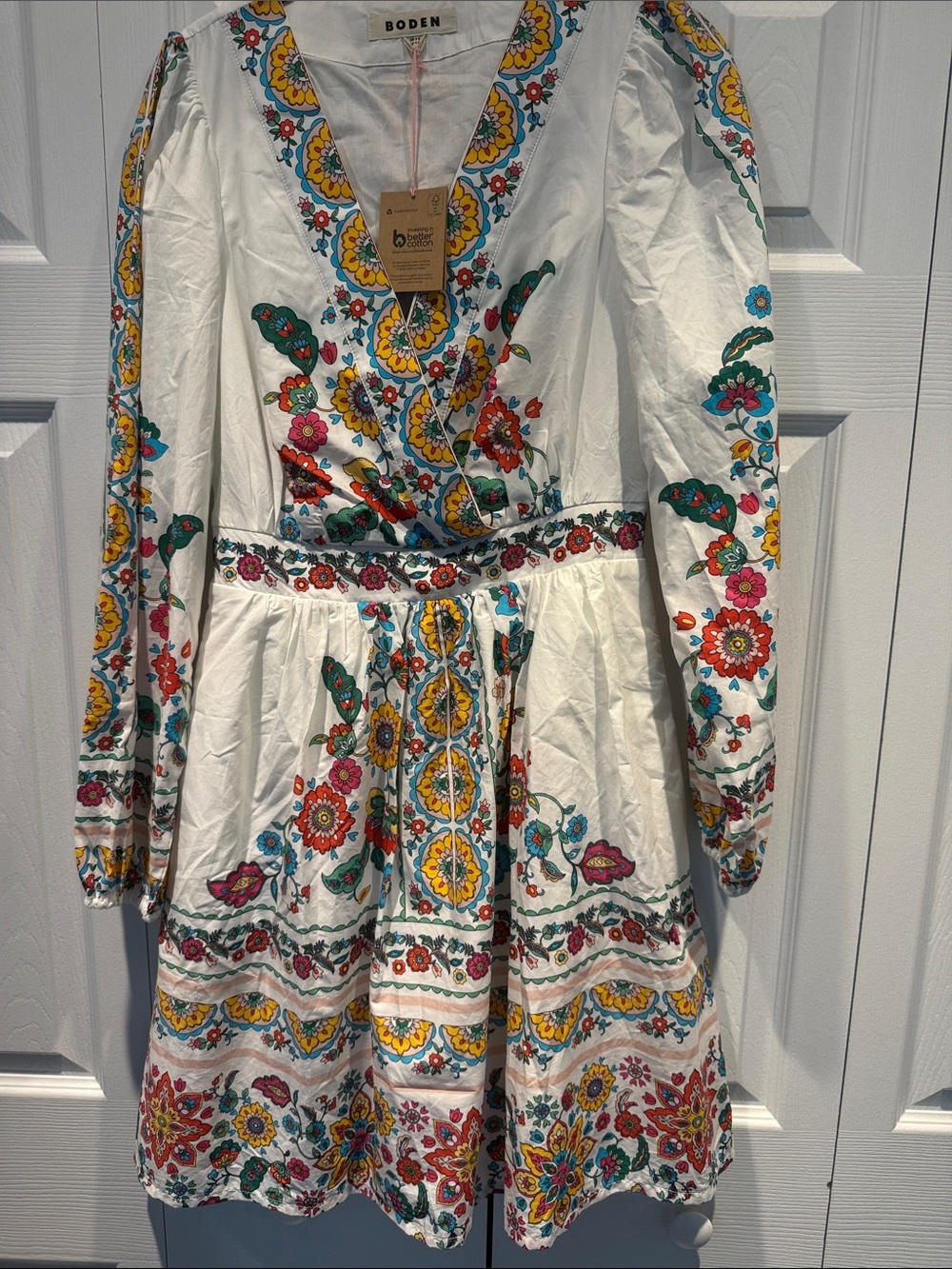 Boden White Floral Embroidered Long-Sleeve Tiered Dress - Picture 4 of 5